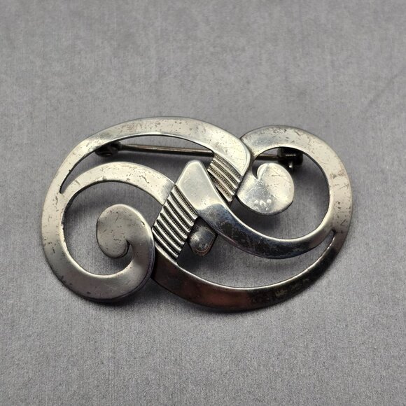 VTG Beau Sterling Silver Swirl Brooch 1 5/8" Signed Cutout Domed 3.53g USA Made - Picture 5 of 8